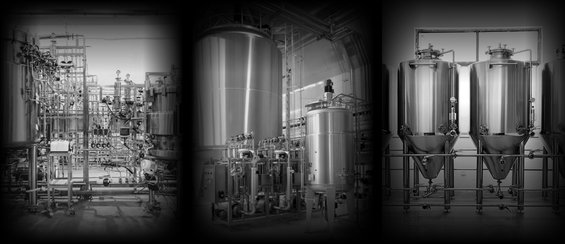 Three plants side by side: a conventional plant floor, a standard skid, and a row of identical fermenters